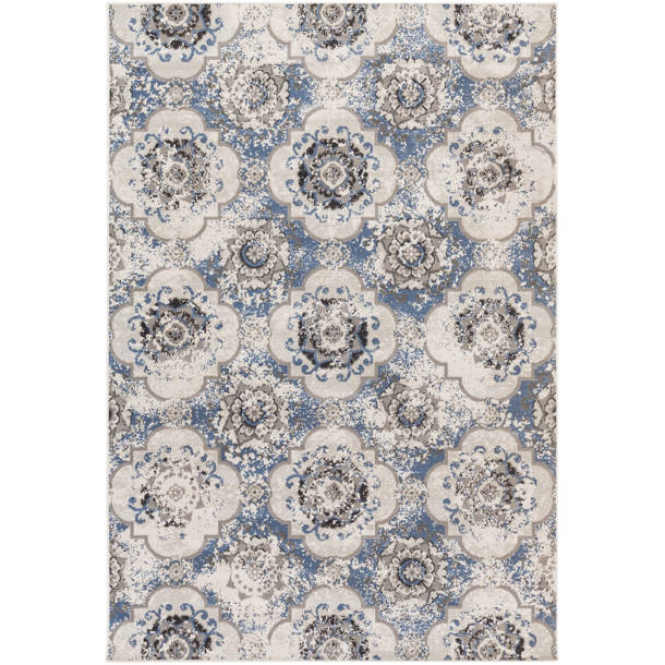 Bungalow Rose Braselton Flatweave Performance Gray/Cream/Blue Rug